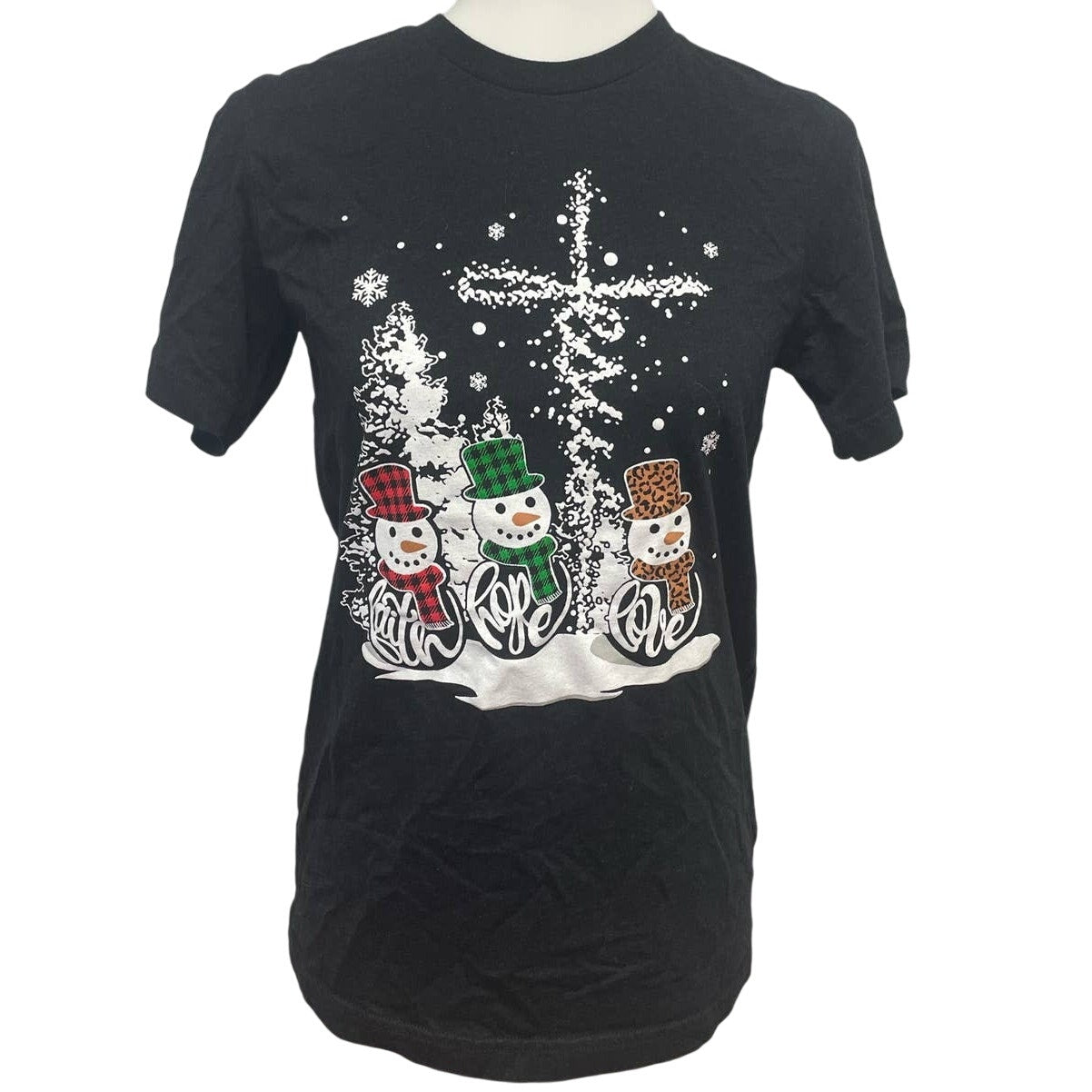 Love In Faith Womens Small Jesus Cross Snowmen Christmas Short Sleeve Tee