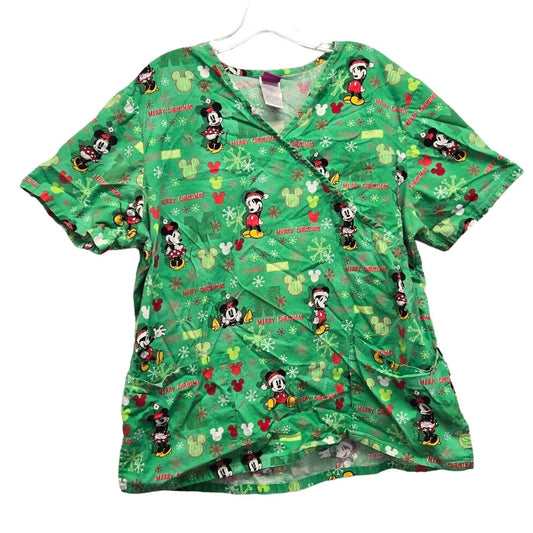 Disney Womens Large 100% Cotton Mickey & Minnie Merry Christmas Scrub Top