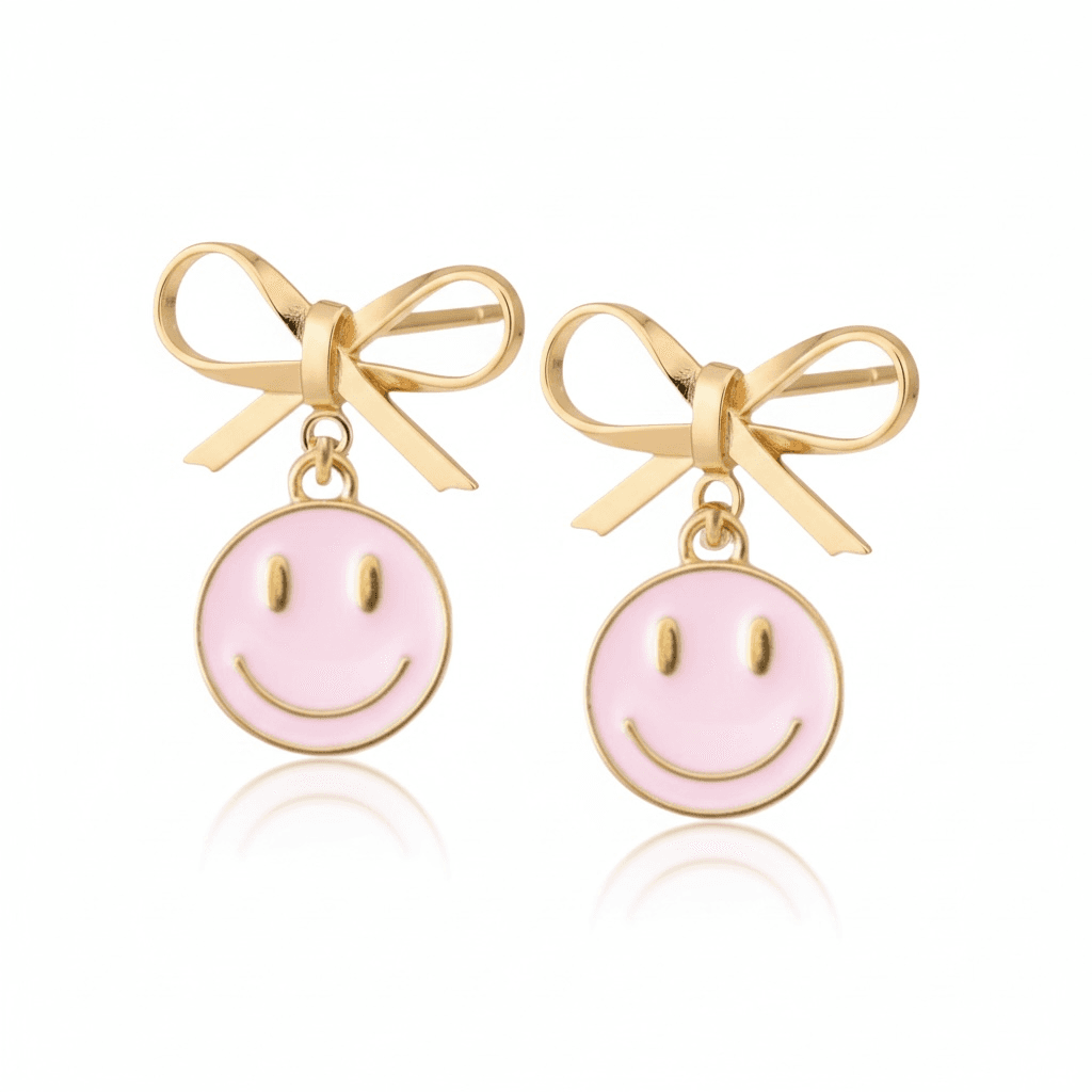 Smiley Face Earrings with Bow Detail