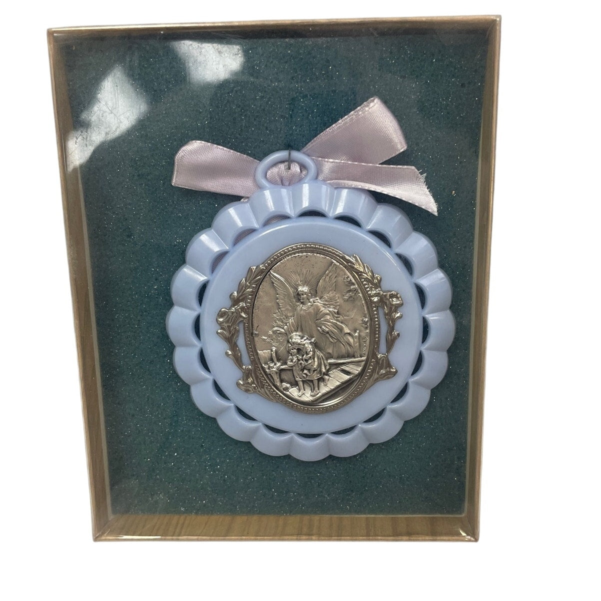 Vintage Plastic Round Angel w Mother Mary and Baby Jesus Child Ornament in Box