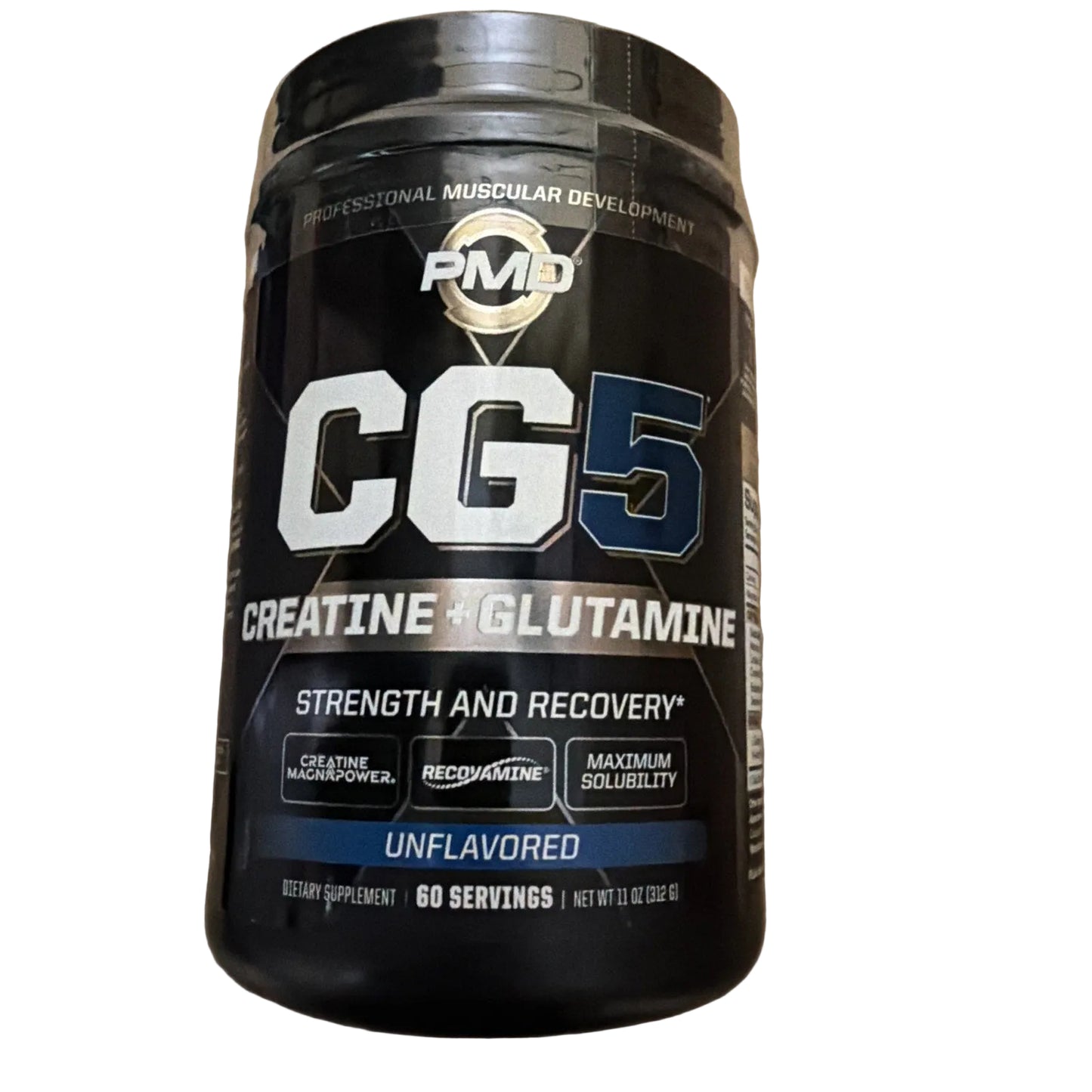 Supplement container labeled 'CG5 Creatine + Glutamine' on a beige background
