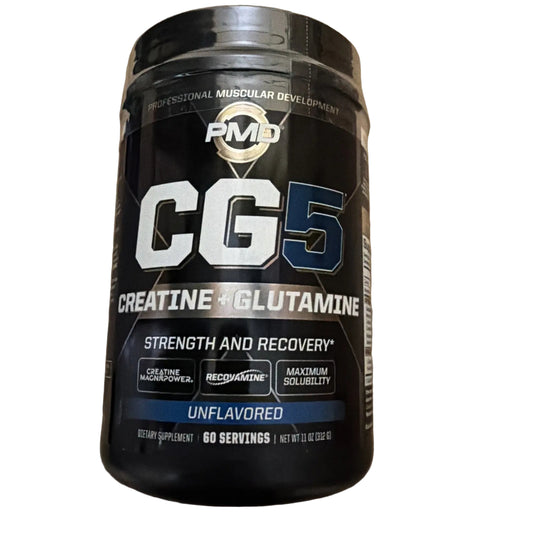 Supplement container labeled 'CG5 Creatine + Glutamine' on a beige background