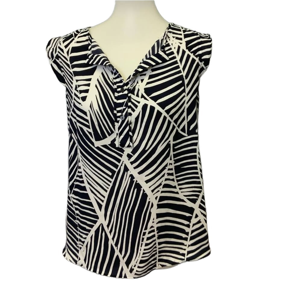 LOFT Womens Small Black White Striped Geometric Print Sleeveless V Neck Tank Top