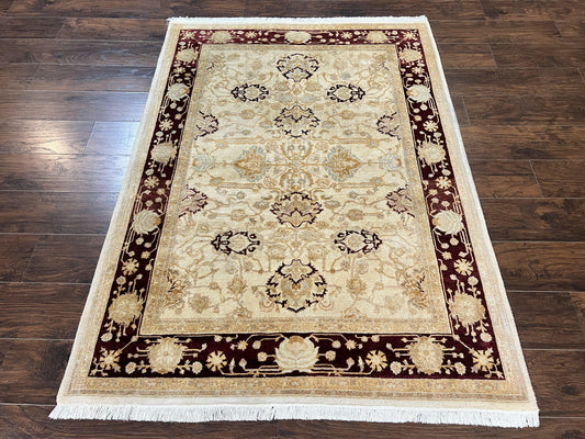 Peshawar Rug 5x7, Beige and Maroon, Vintage Handmade Wool Traditional Carpet 5 x 7 ft, Pakistani Rug, Agra Pattern, Very Fine 260 KPSI-0