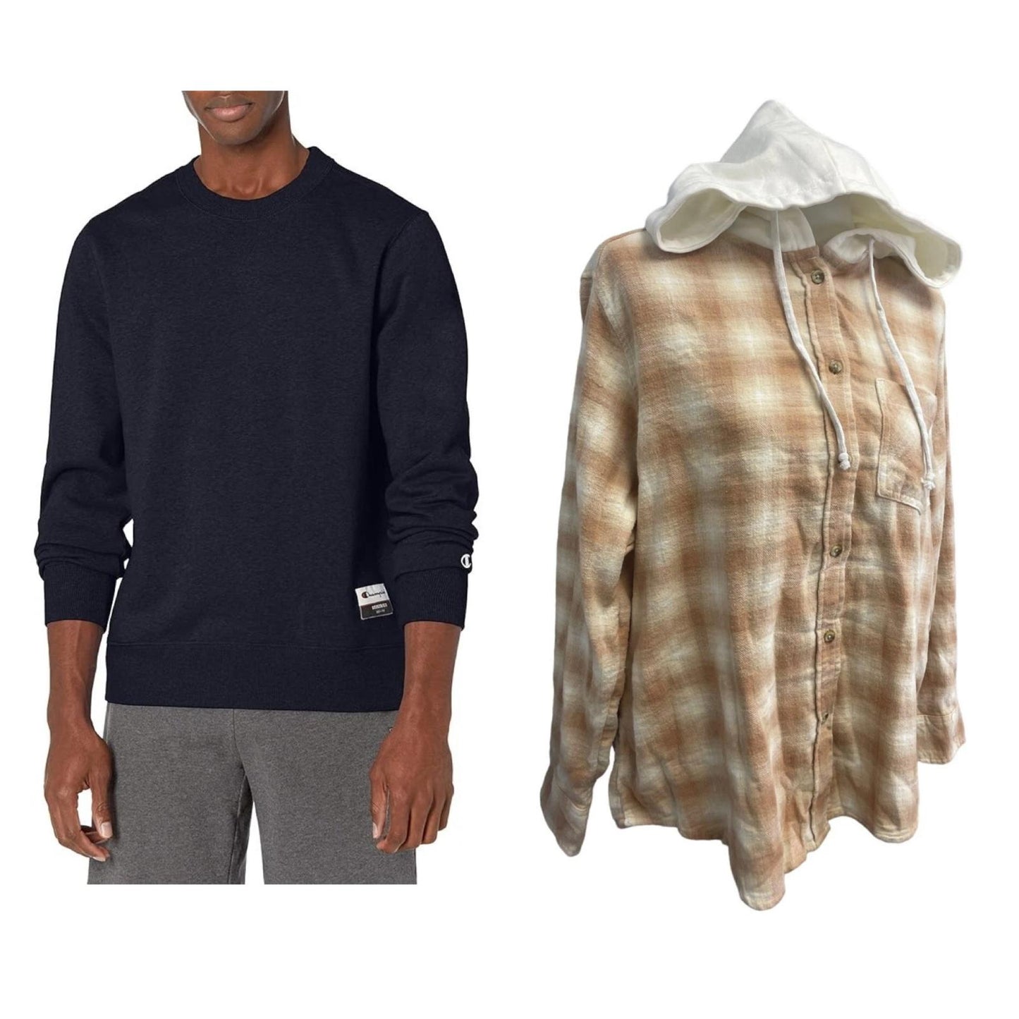 New Champion Unisex Medium Navy Pullover Sweatshirt w Bonus Plaid Flannel Hoodie
