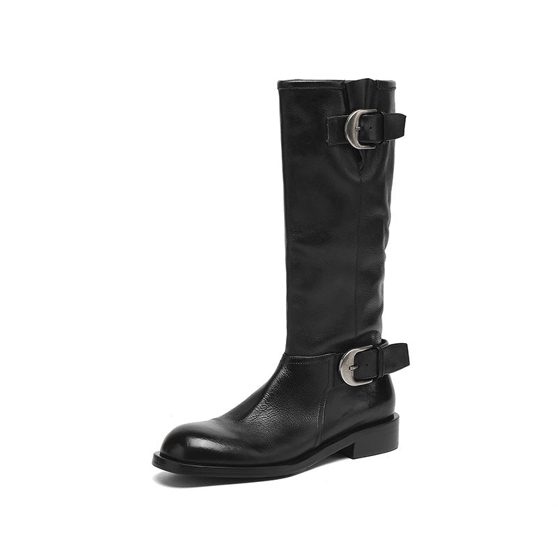 Womens Chunky Low-heeled Leather Round-toe Knee-high Boots