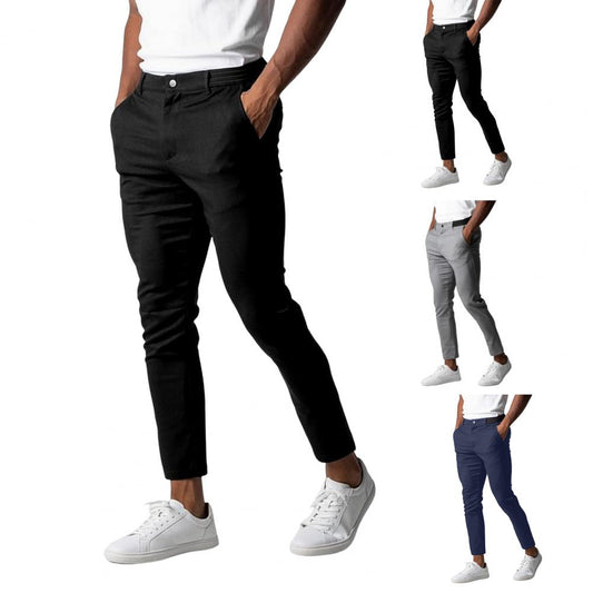Pantallona të rehatshme me ngjyra të njëtrajtshme, elegante, të holla, për meshkuj, me xhepa elastikë në bel dhe mbyllje me kopsa.
