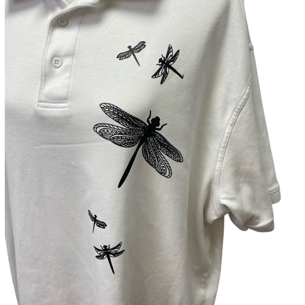 Hand Printed Upcycled Mens XL Tall Dragonfly 100% Cotton Short Sleeve Polo Shirt