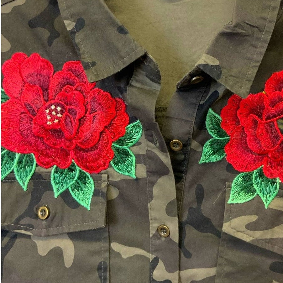 Love Tree Small Long Sleeve Embroidered Flower Camouflage Button Down Shirt