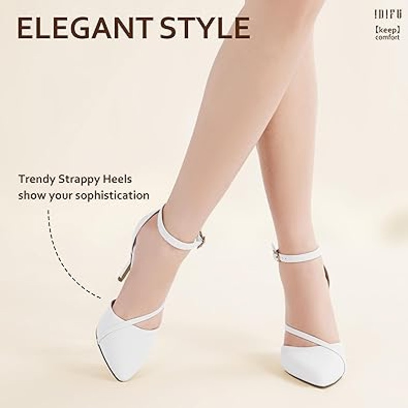 Idifu Womens 5.5 White 3.5" Stiletto Heel Pointed Closed Toe Ankle Strap Shoes