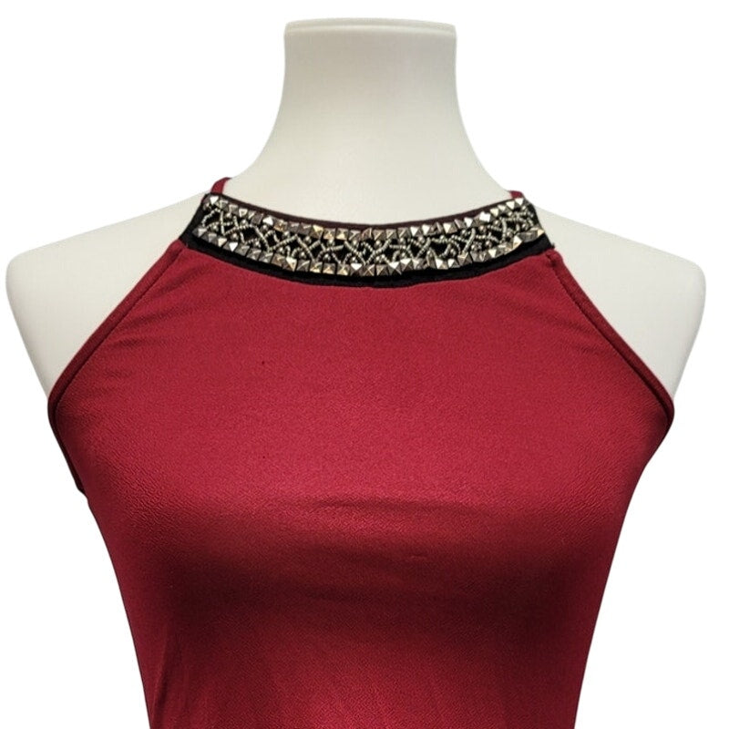 Miss Chievous Womens Small Spaghetti Strap Beaded Neck Hi Low Peplum Top