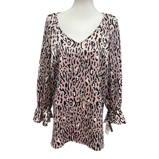 New Bar III Womens 1X Long Sleeve Polyester Leopard Spot V-Neck Flowy Blouse