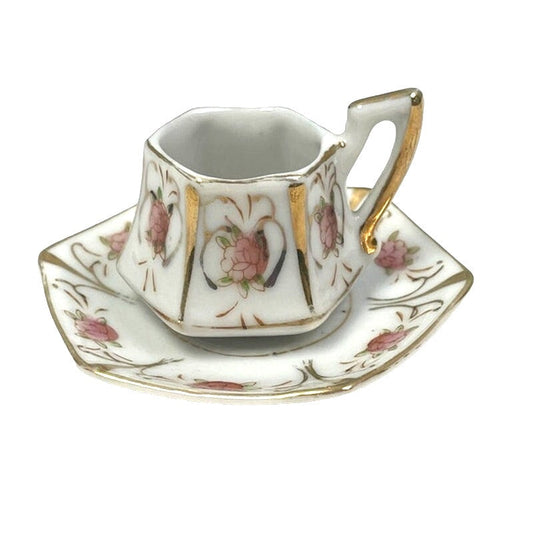 Vintage Small Gold Painted Pink Floral Unmarked Ceramic Teacup Saucer Set