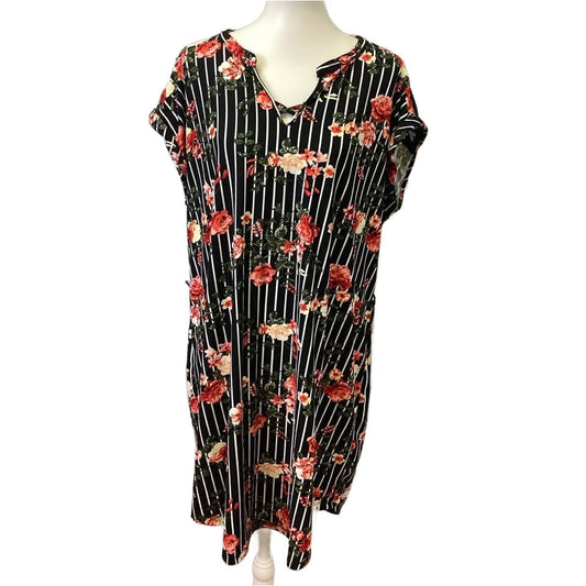 Bobbie Brooks Womens Plus 2X Super Soft Floral Striped Cap Sleeve Sheath Dress