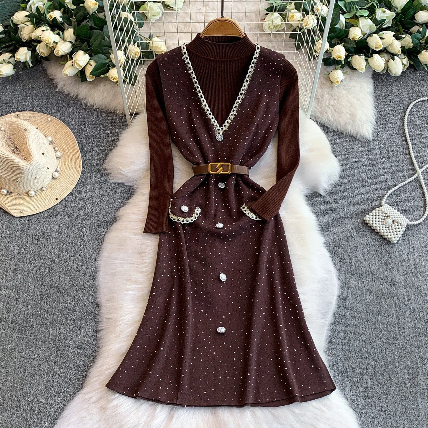 Vintage V-Needle Knit Tank Dress – Embellished Diamante Slim Fit Maxi, Layering Sweater Vest