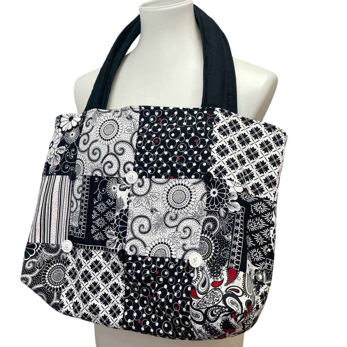 Handmade Black White Patchwork Cotton Blend Double Handle Purse Tote Bag