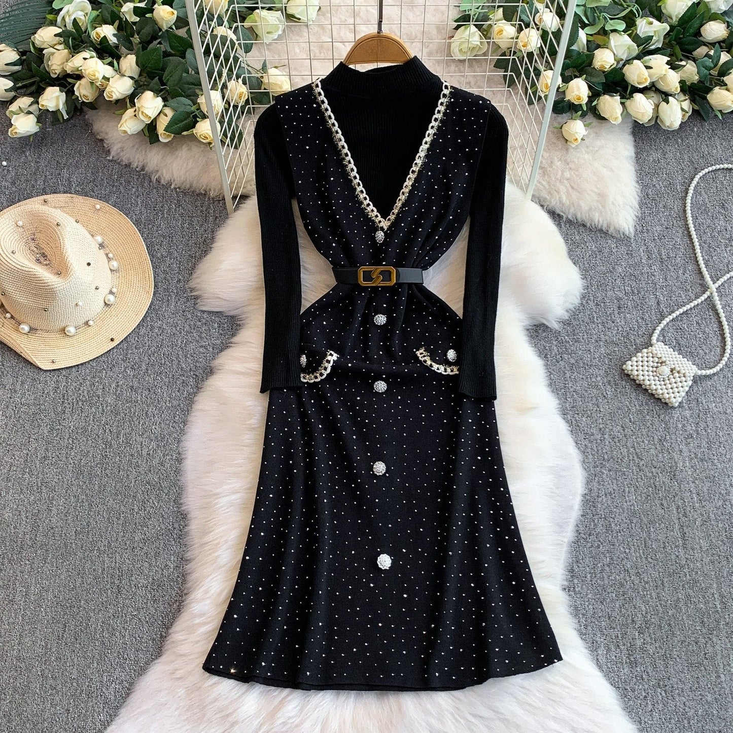 Vintage V-Needle Knit Tank Dress – Embellished Diamante Slim Fit Maxi, Layering Sweater Vest