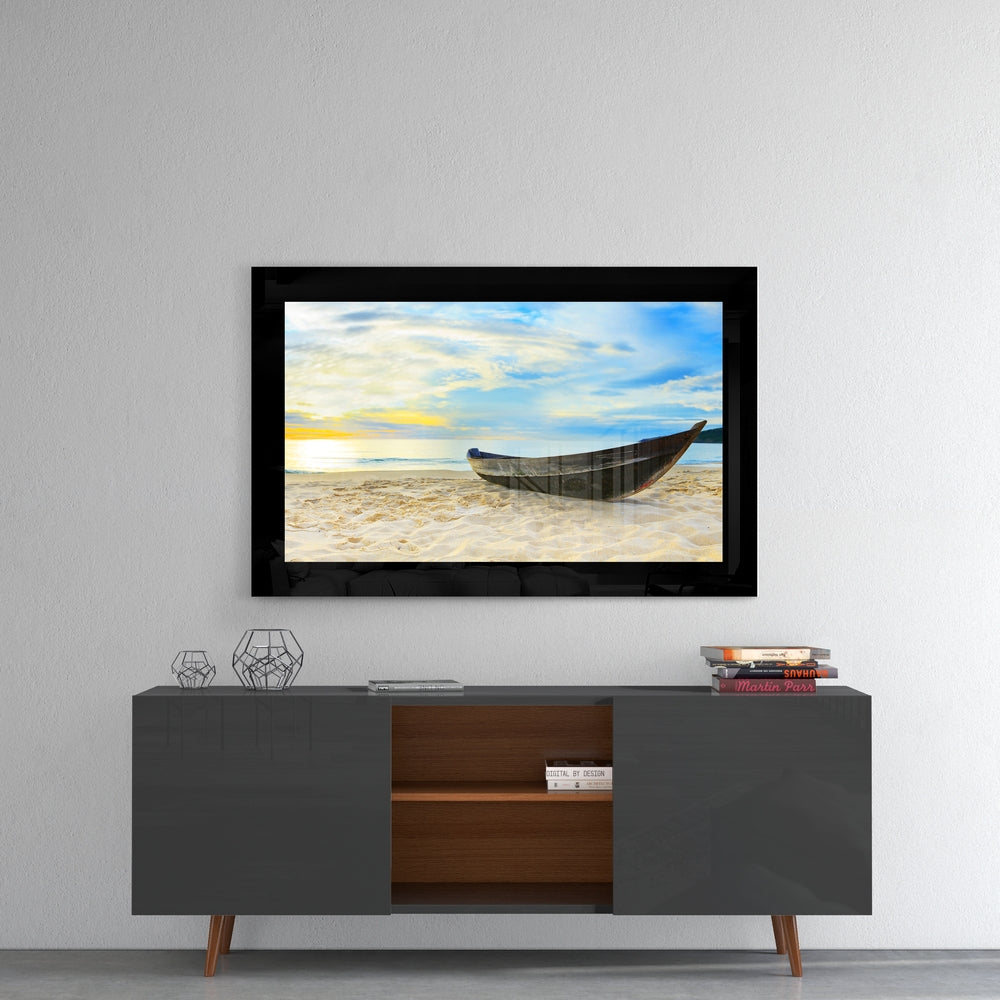 Boat on the Beach Glass Wall Art