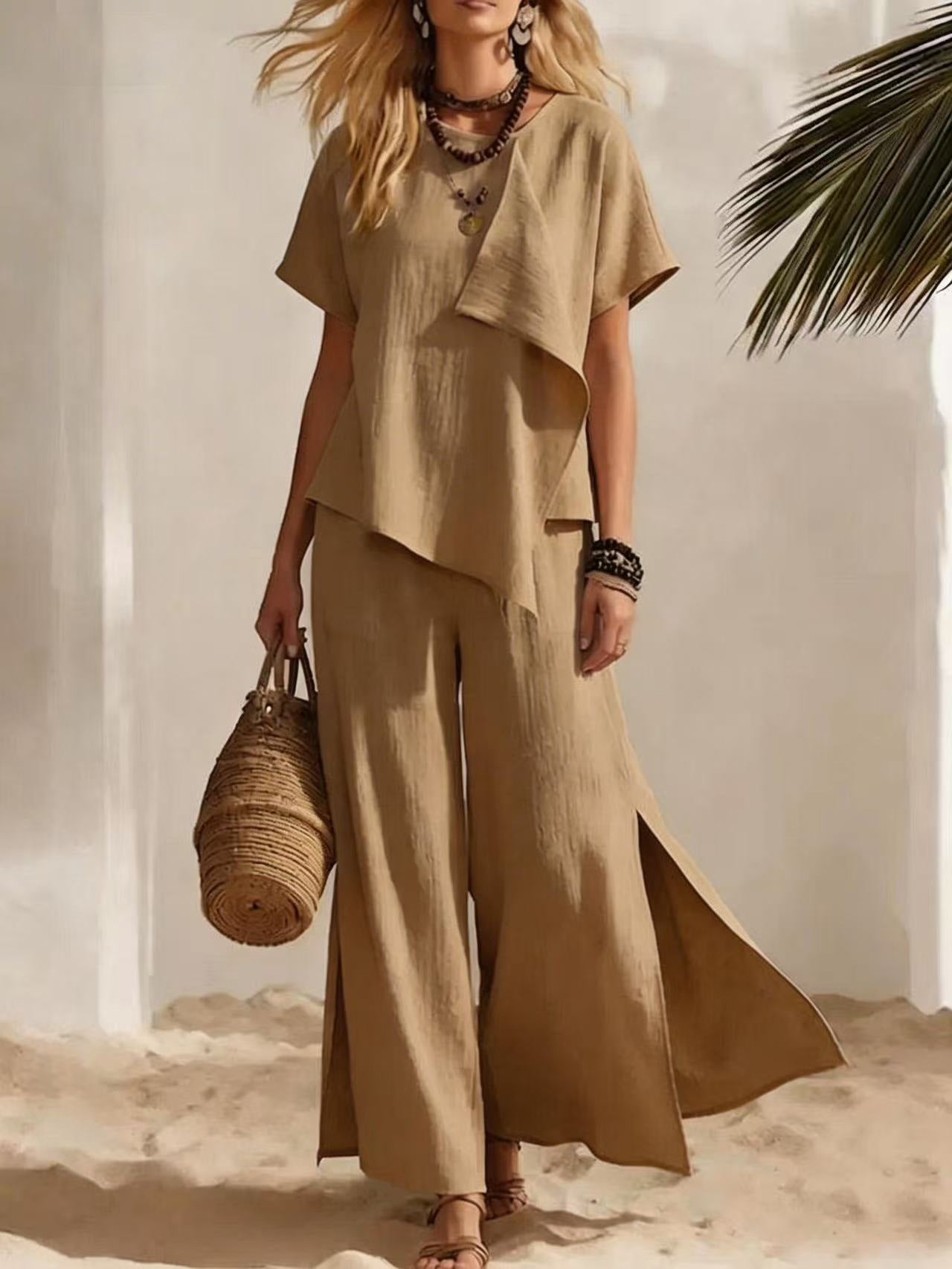Casual Asymmetrical Short-sleeve Top And Slit Wide-leg Pants Set