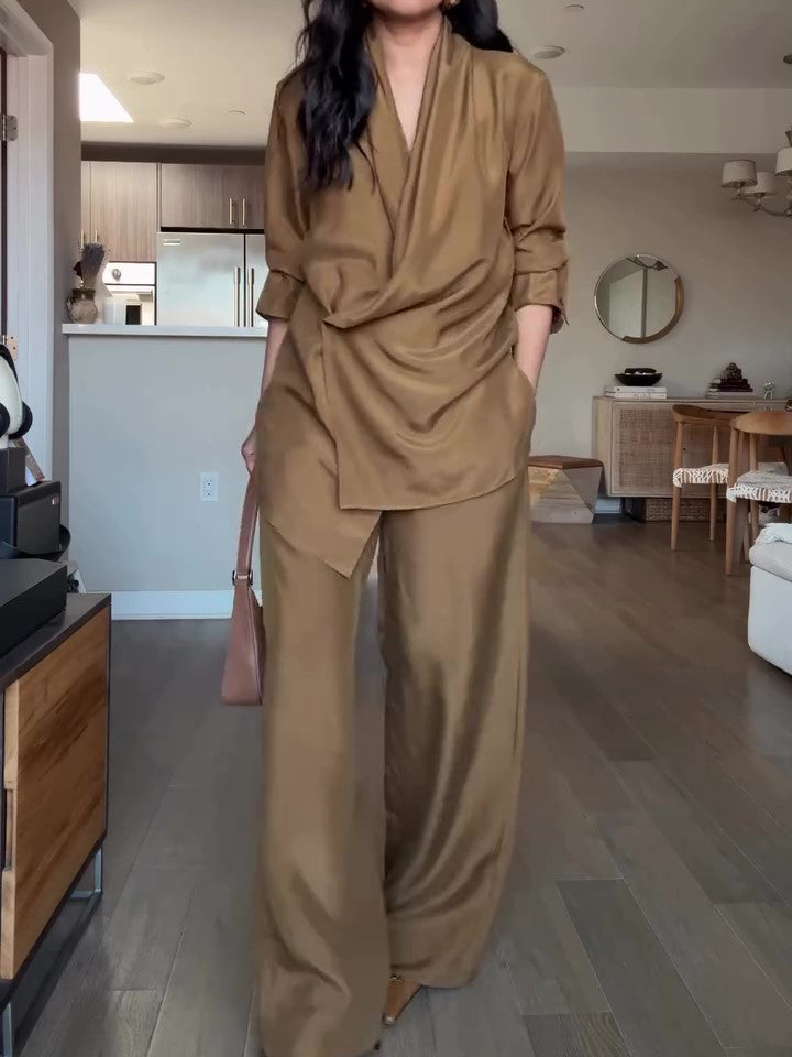 Wrap-Style Satin Blouse And Wide-Leg Pants Set