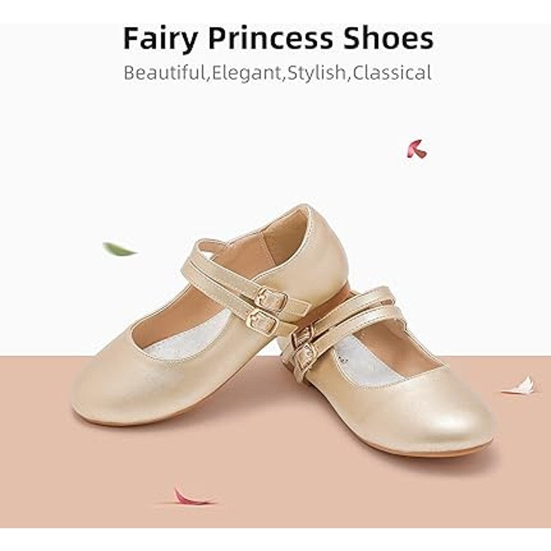 Parrosoo Toddler Girls Size 8 Matte Gold Flats Latch & Hook Close Dress Shoes