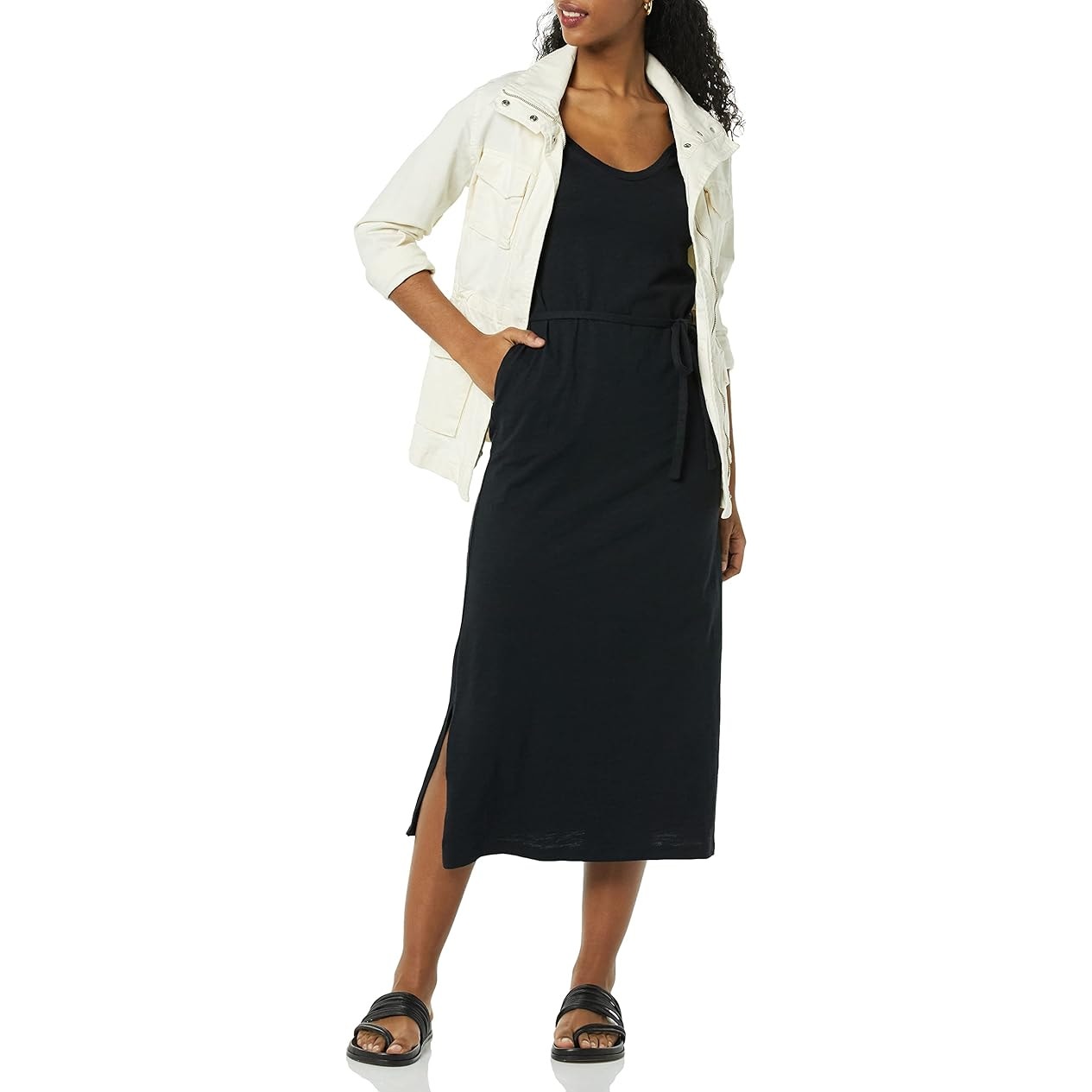 NWT New Amazon Essentials Womens Medium Short Sleeve Belted Midi Tee Shirt Dress