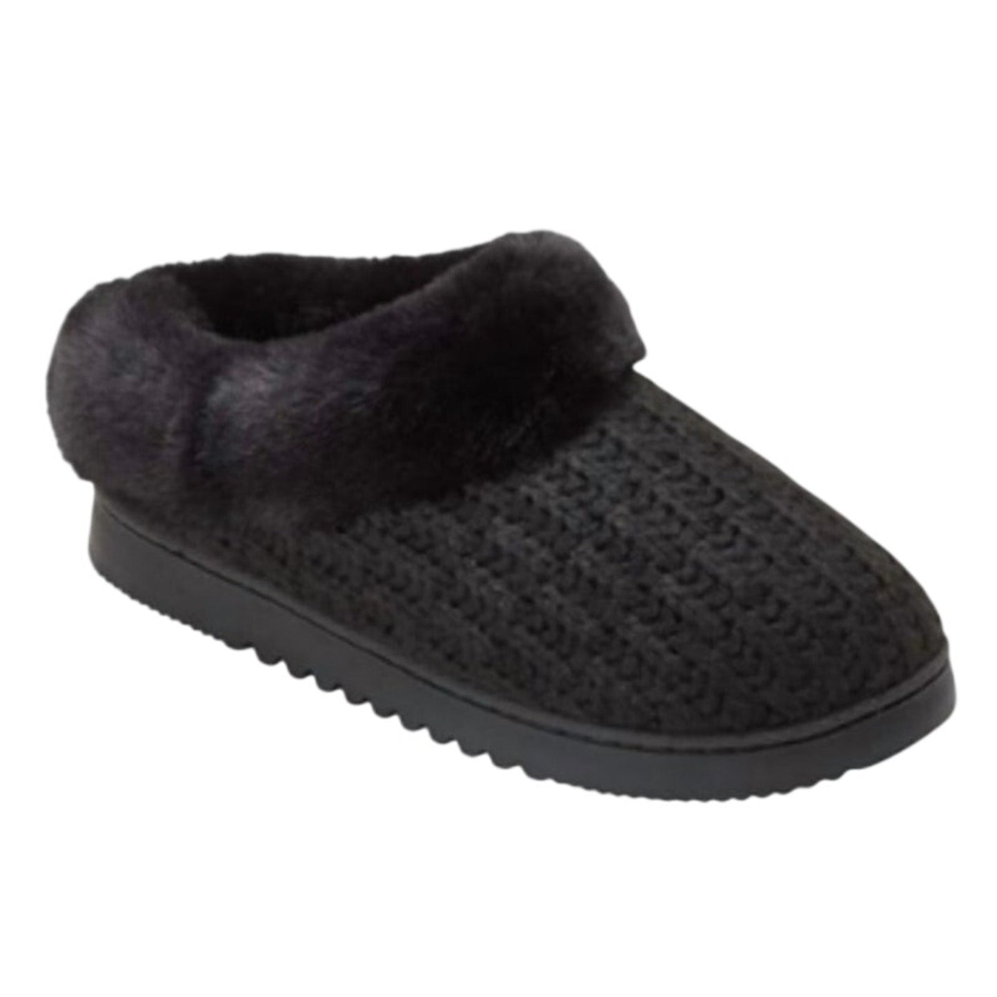 Dearfoams Womens Large 9/10 Black Faux Fur Lined Knit Slide On Slippers w Box