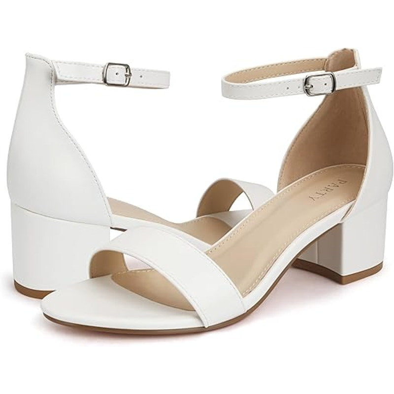 Party Womens 6.5 White Open Toe Ankle Strap 2" Block Heel Sandal Wedding Shoes