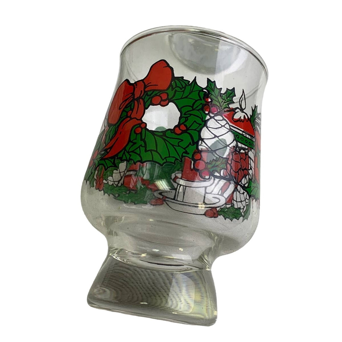 Lot of 11 Vintage Footed Christmas Wreath Candle Seasons Greetings Drink Glasses