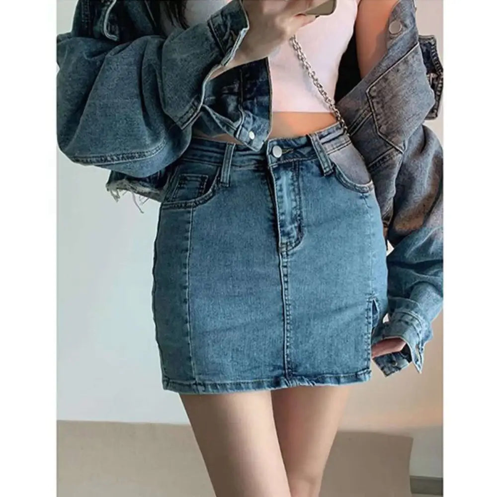 Distressed Black Denim Skirt with Side Slit