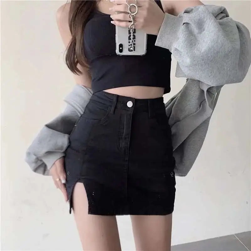 Distressed Black Denim Skirt with Side Slit