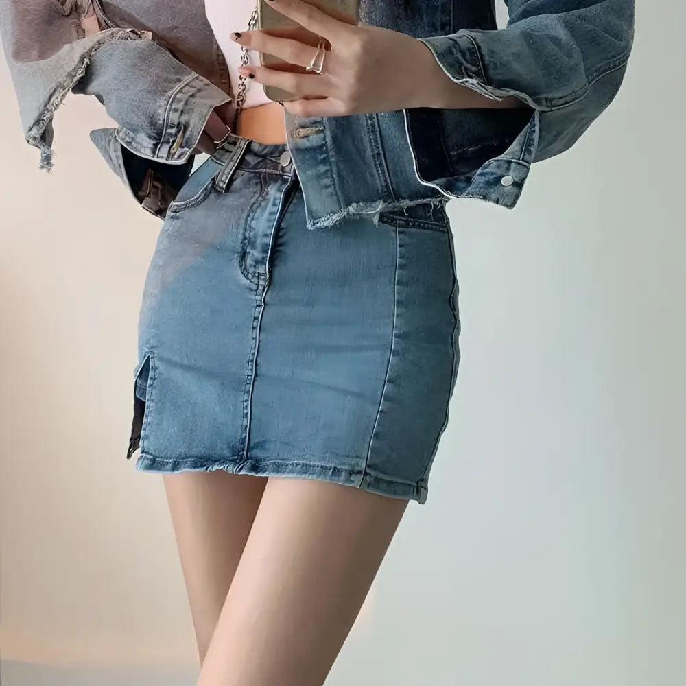 Distressed Black Denim Skirt with Side Slit