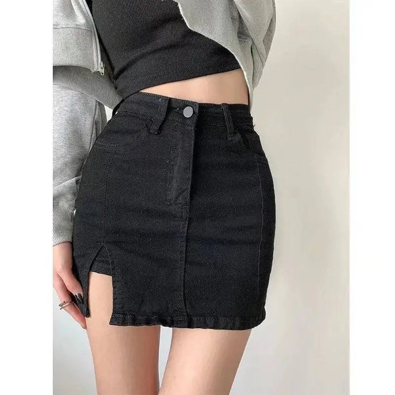 Distressed Black Denim Skirt with Side Slit