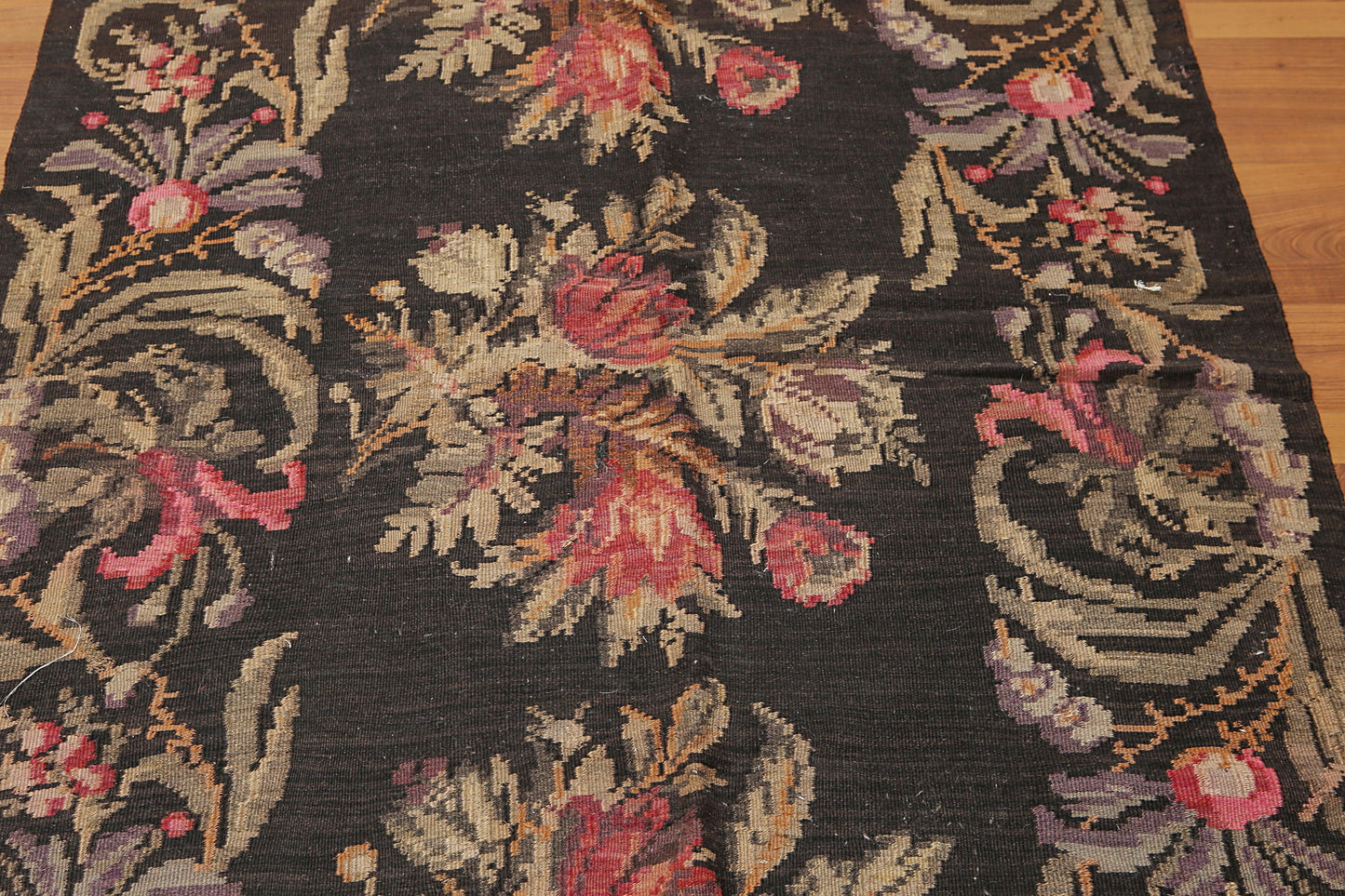 4'2''x13'5'' Vintage Hand Woven Turkish Kilim 100% Wool Runner Area Rug Charcoal-4