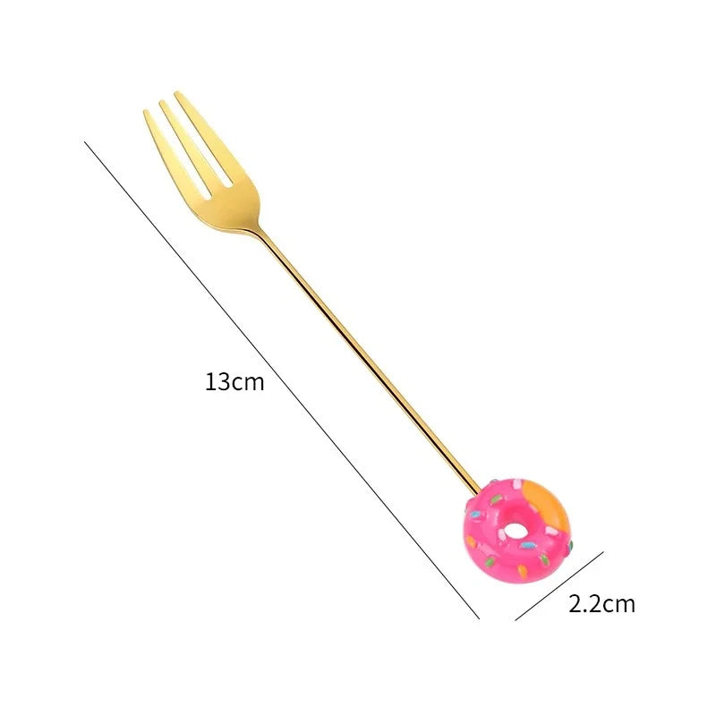 Gold fork with a donut attachment, showing measurements on a white background Gold-colored spoons and forks with colorful donut-shaped ends on a pink background teaspoons stirring spoons dessert fork dessert spoon mini utensils miniature fork and spoon set. Cute Donut Scooping Spoon + Fork (Stainless Steel Stirring Spoons Dessert Utensils)