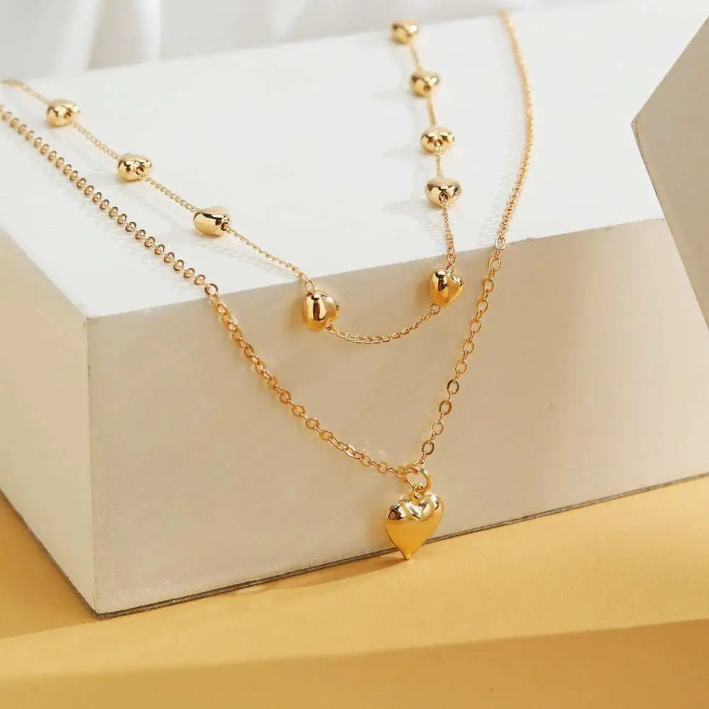 Double Layer Heart Pendant Fine Chain Necklace