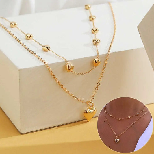 Double Layer Heart Pendant Fine Chain Necklace