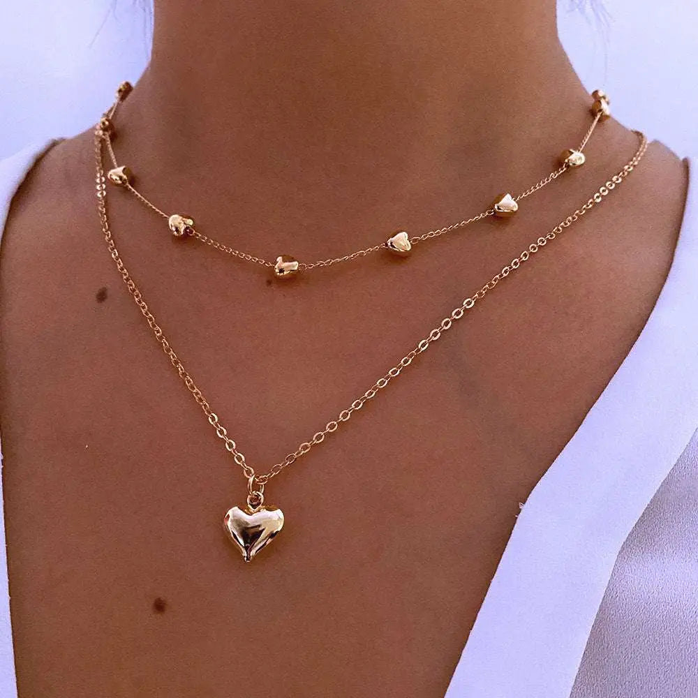 Double Layer Heart Pendant Fine Chain Necklace