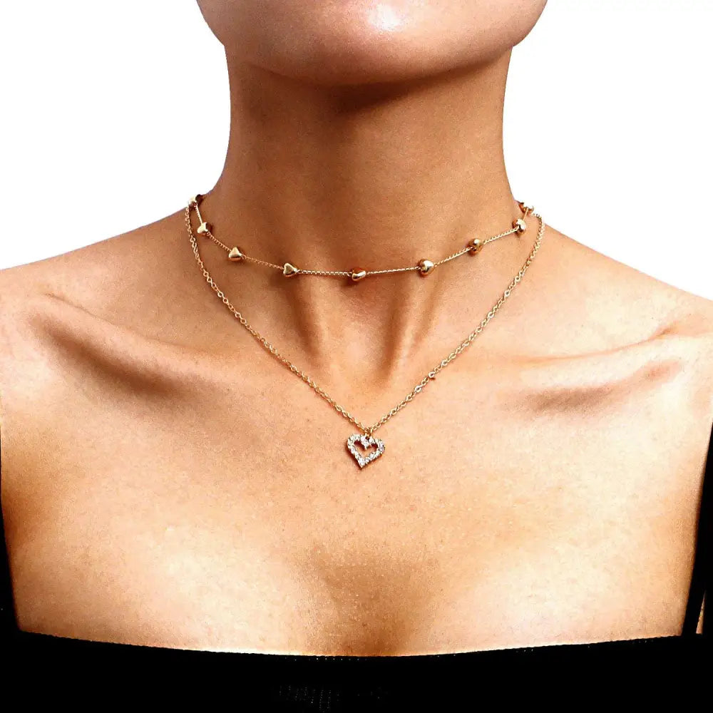 Double Layer Heart Pendant Fine Chain Necklace