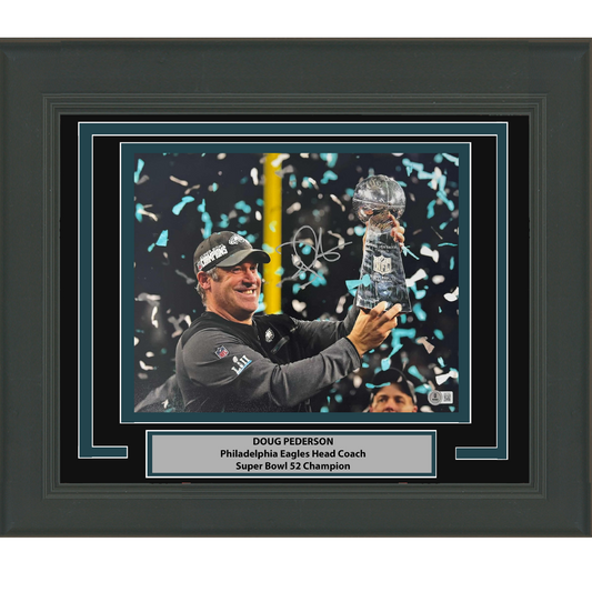 Framed Autographed/Signed Doug Pederson Philadelphia Eagles Super Bowl LII 52 Champions 8x10 Football Photo Beckett BAS COA #2