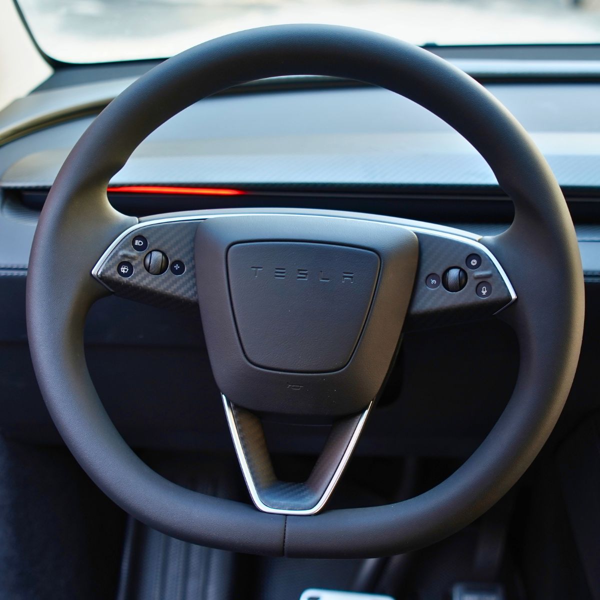 Real Dry Carbon Fiber Steering Wheel Bezel Overlay for Model 3 Highland & Model Y Juniper (3 Pieces)