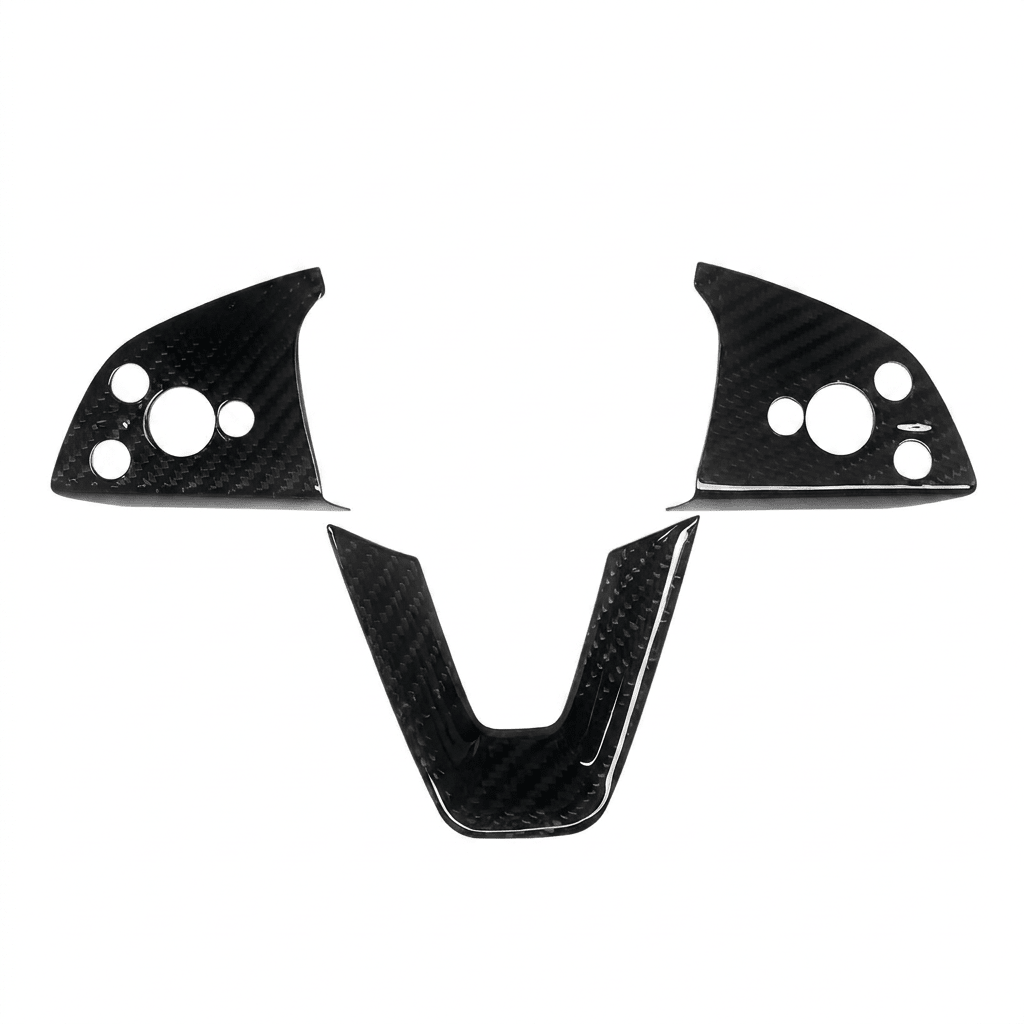 Real Dry Carbon Fiber Steering Wheel Bezel Overlay for Model 3 Highland & Model Y Juniper (3 Pieces)