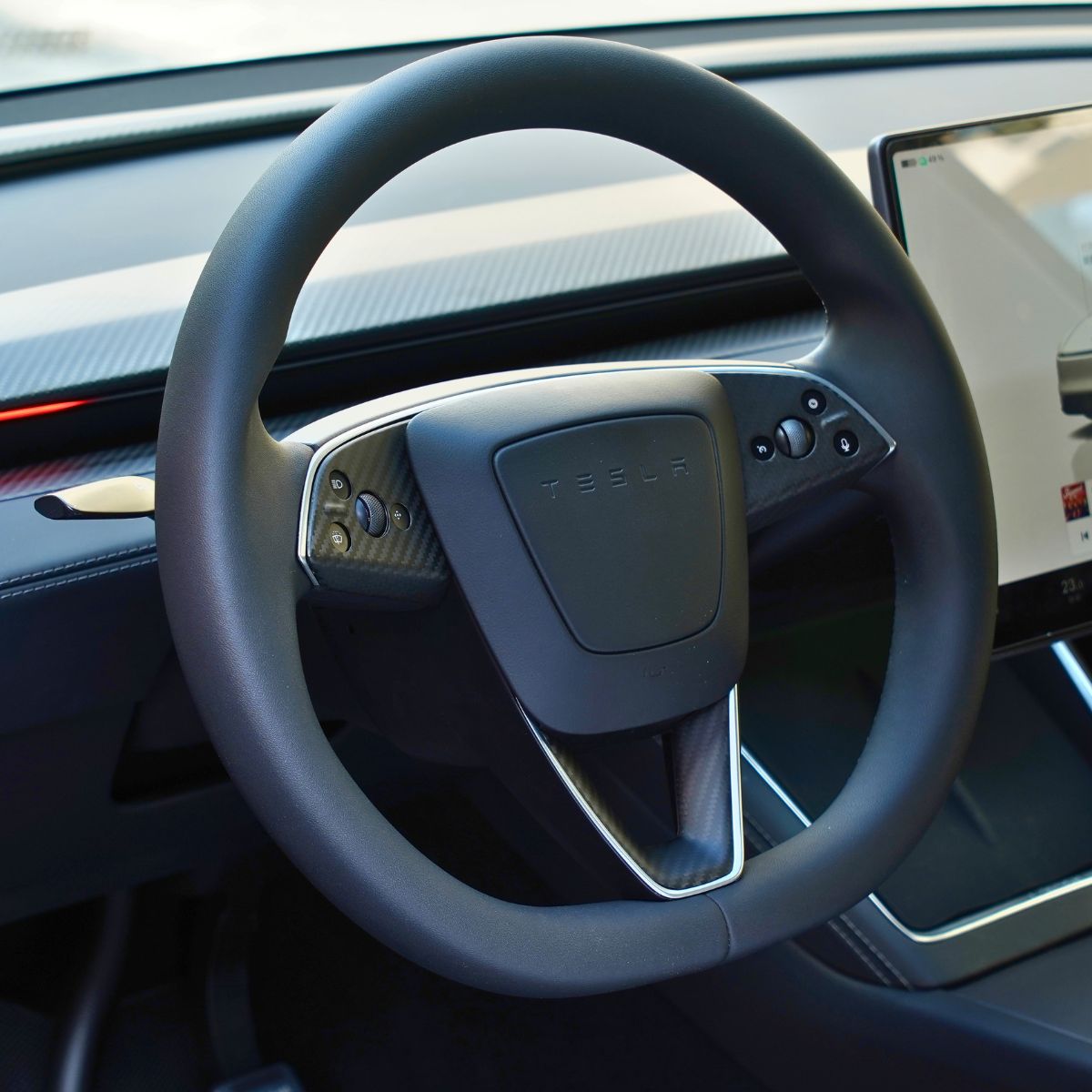 Real Dry Carbon Fiber Steering Wheel Bezel Overlay for Model 3 Highland & Model Y Juniper (3 Pieces)