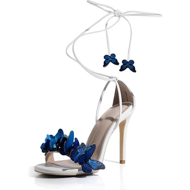 I Adore Womens 9 White 4.5" Heel Open Round Toe Blue Butterfly Ankle Tie Shoes