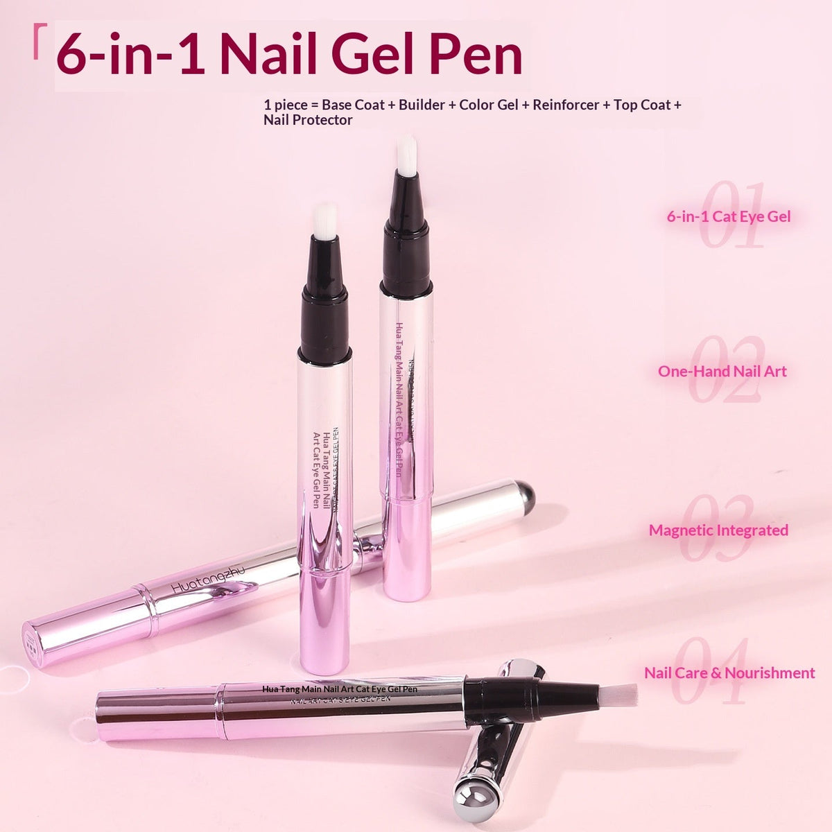 A 6-in-1 nail gel pen set displayed on a light pink background with descriptive text overlays. The set includes four interchangeable pen tips and multiple silver and pink metallic pen bodies, with one pen shown open.