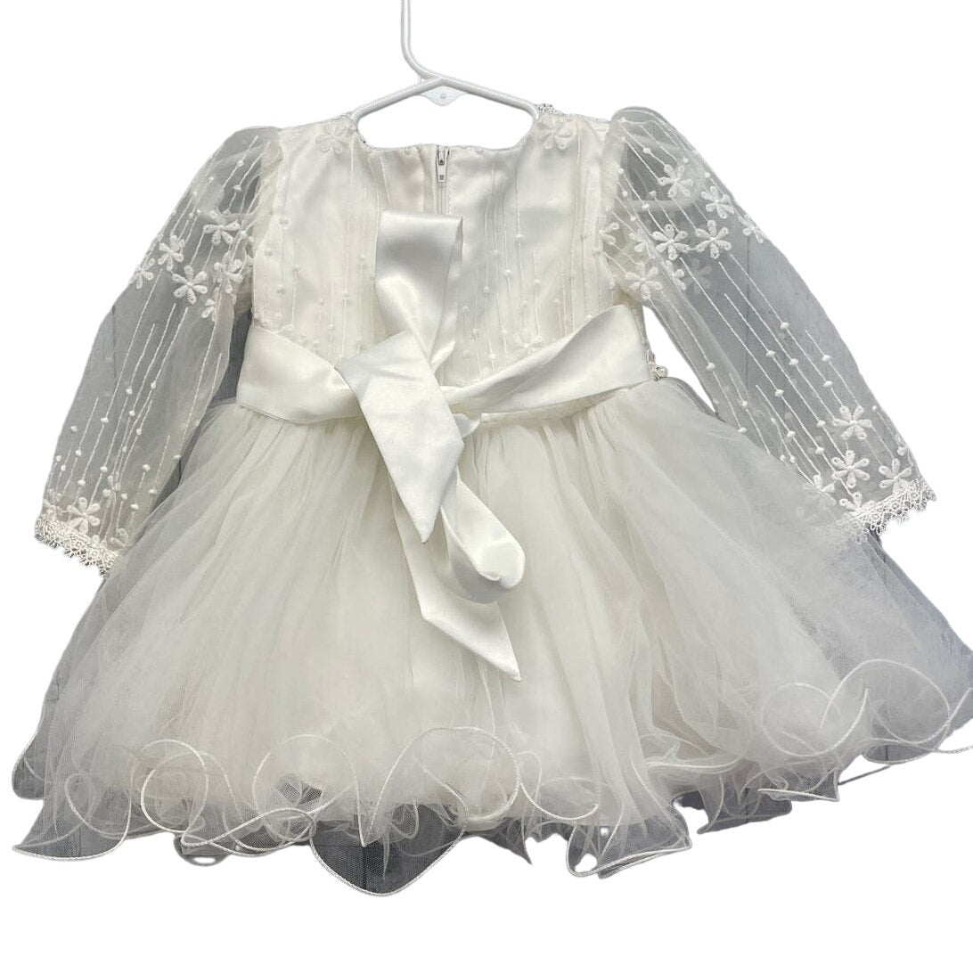 Girls Size 6 Long Sheer Sleeve Embroidered Pearls Flower Girl Wedding Dress