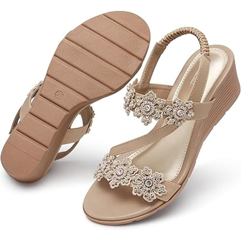Shibever Womens Size 12 Gold Flower 2" Wedge Heel Ankle Strap Beaded Sandals