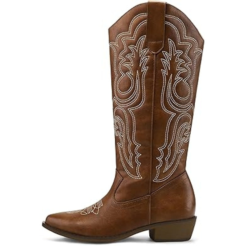 Mysoft Womens Size 9.5 Brown Embroidered 1.5" Chunky Heel Cowboy Western Boots