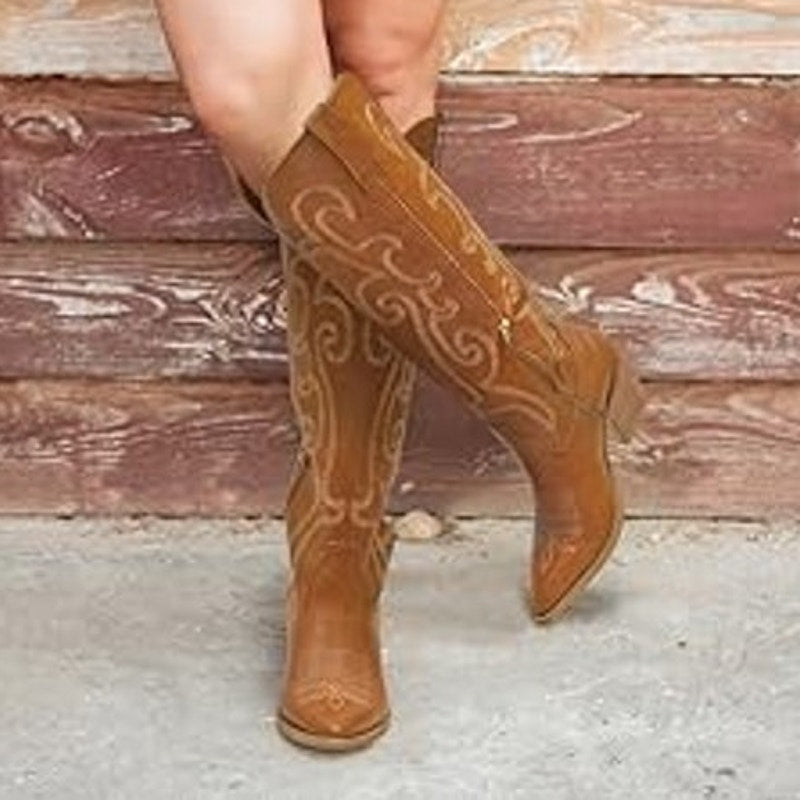 Rollda Womens Size 9 Brown Faux Leather 3" Block Heel Western Cowboy Boots