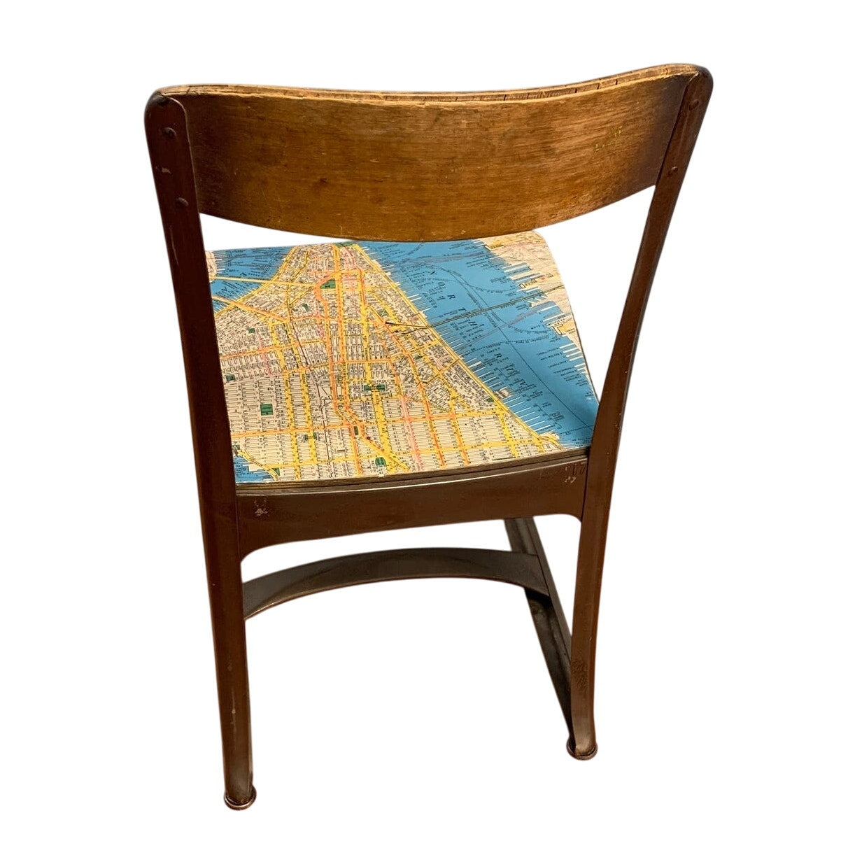 Vintage Small Metal & Wood Child Desk Chair Decoupaged w 1952 Manhattan Map